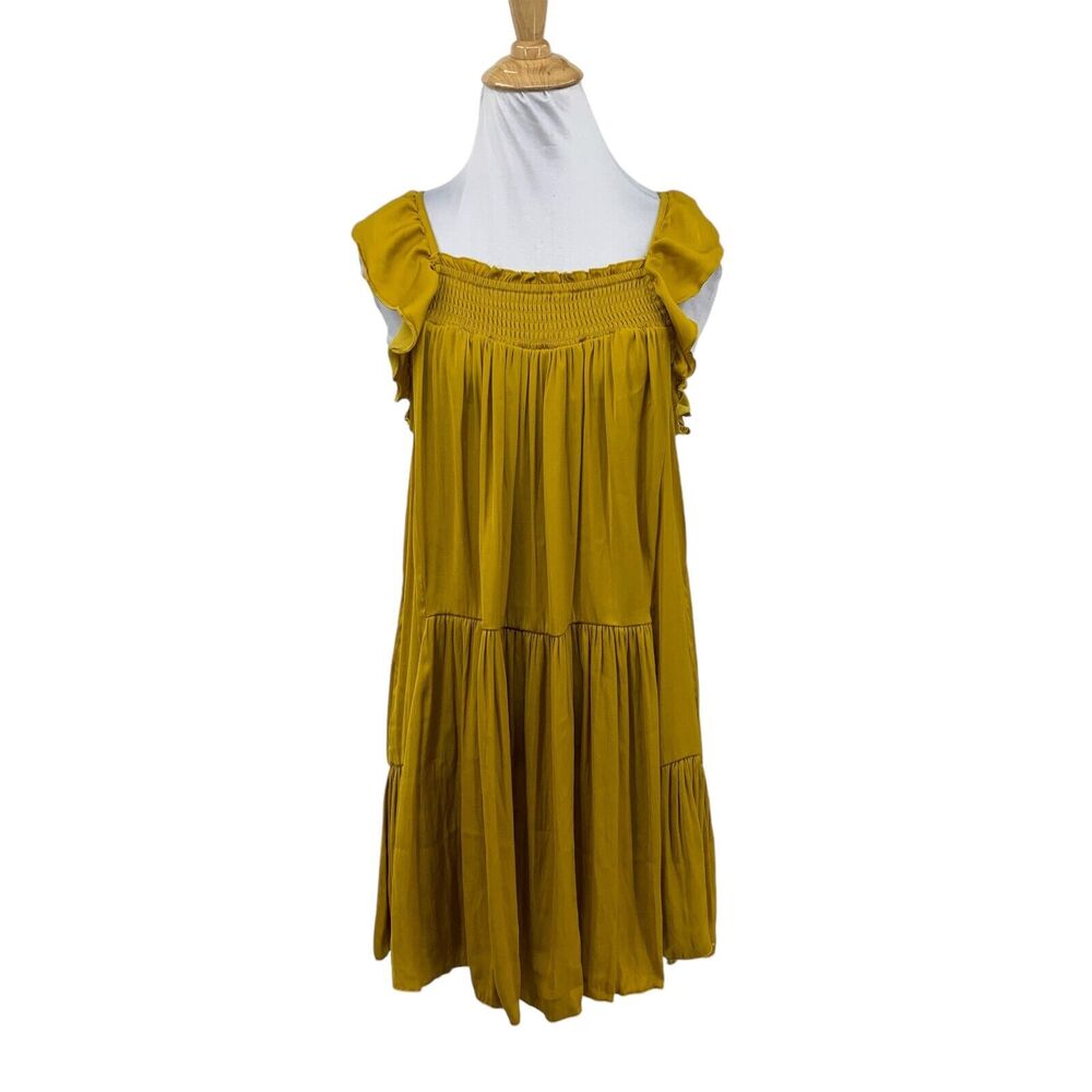 Free People Dress Women XS Extra Small Turmeric Satin Cutout Back Ruffle Sleeve